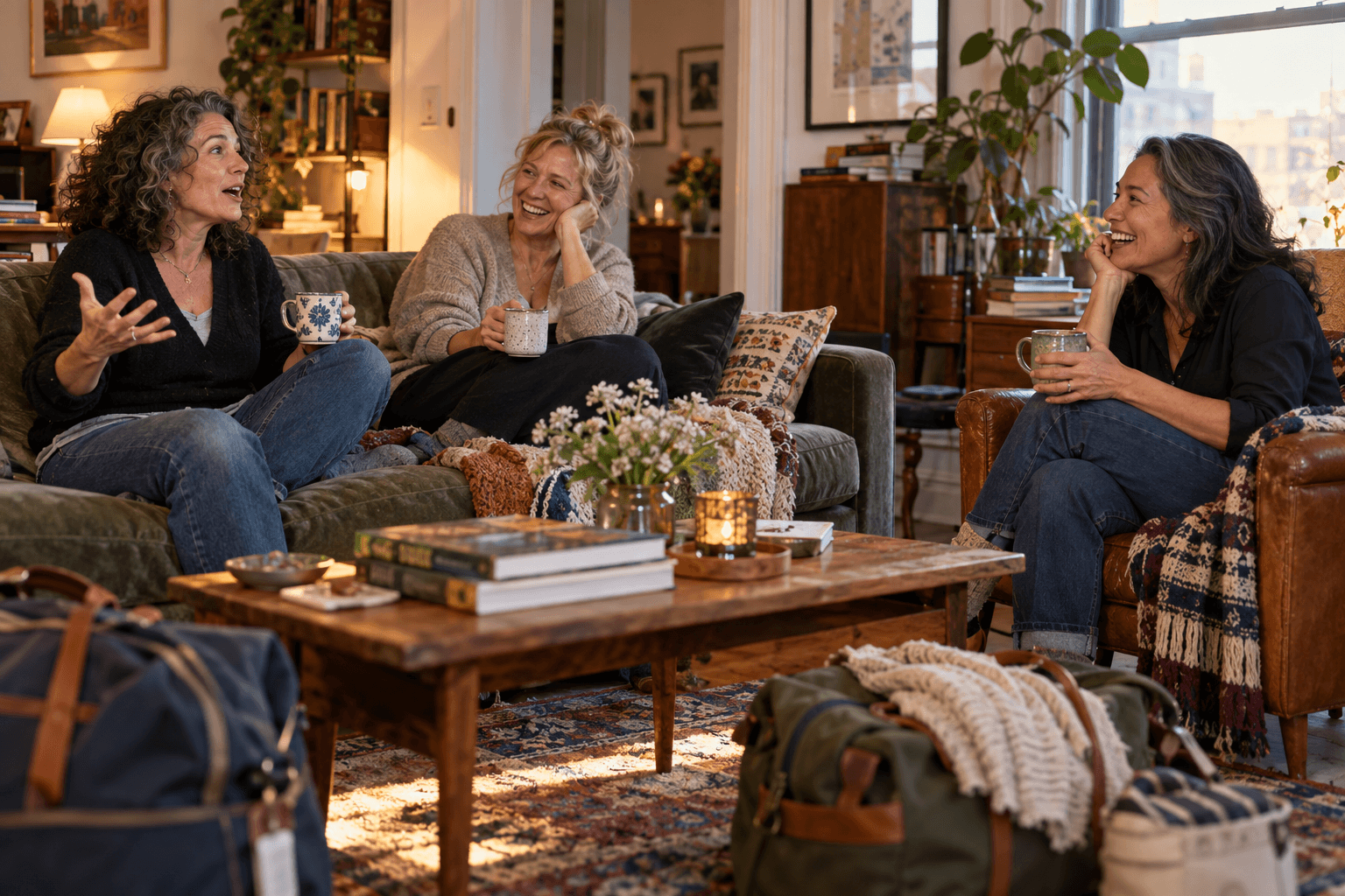 Three adult friends share coffee and laughter in a small living room, with overnight bags nearby.