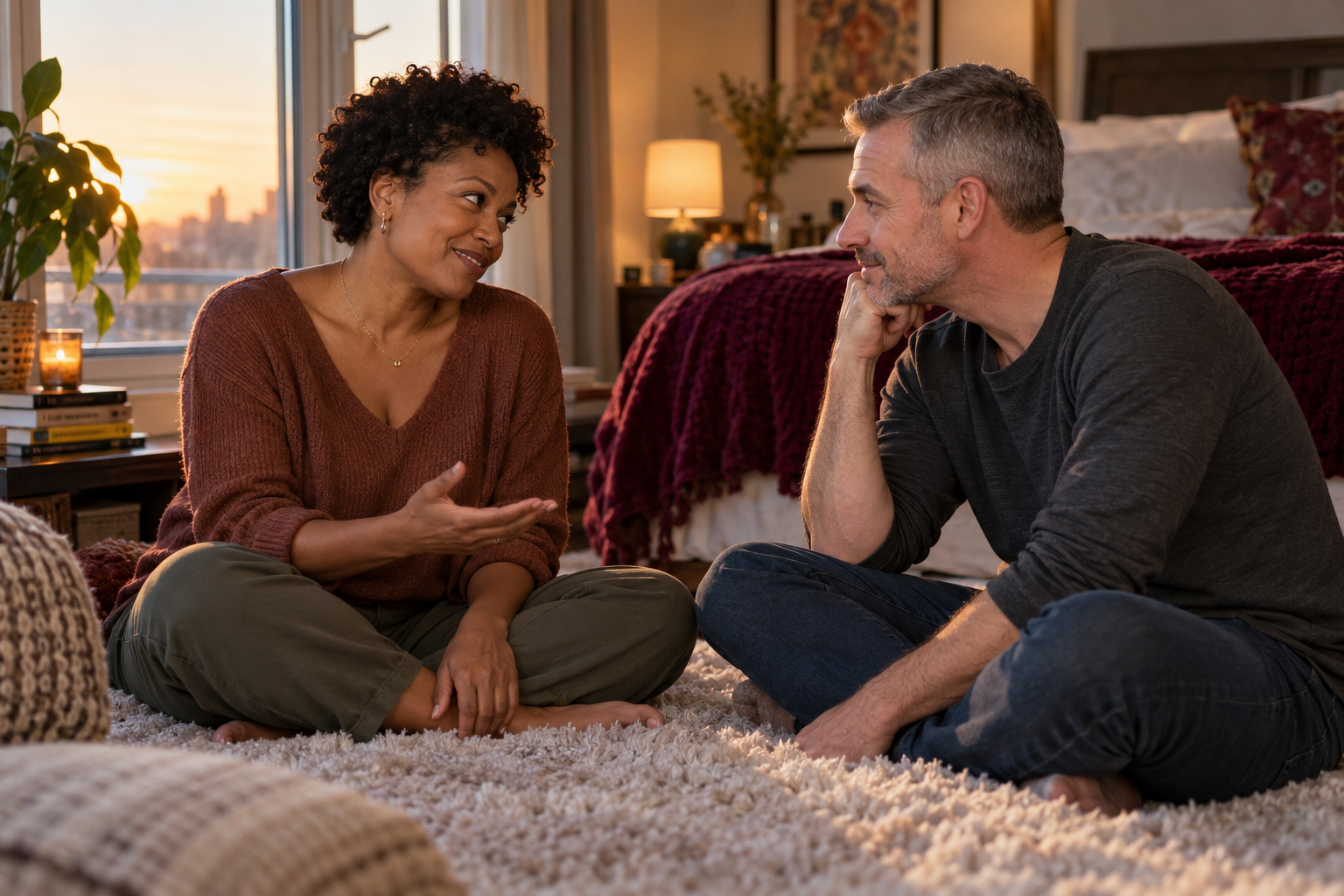 A couple sit facing each other and talk beside a bedroom window.