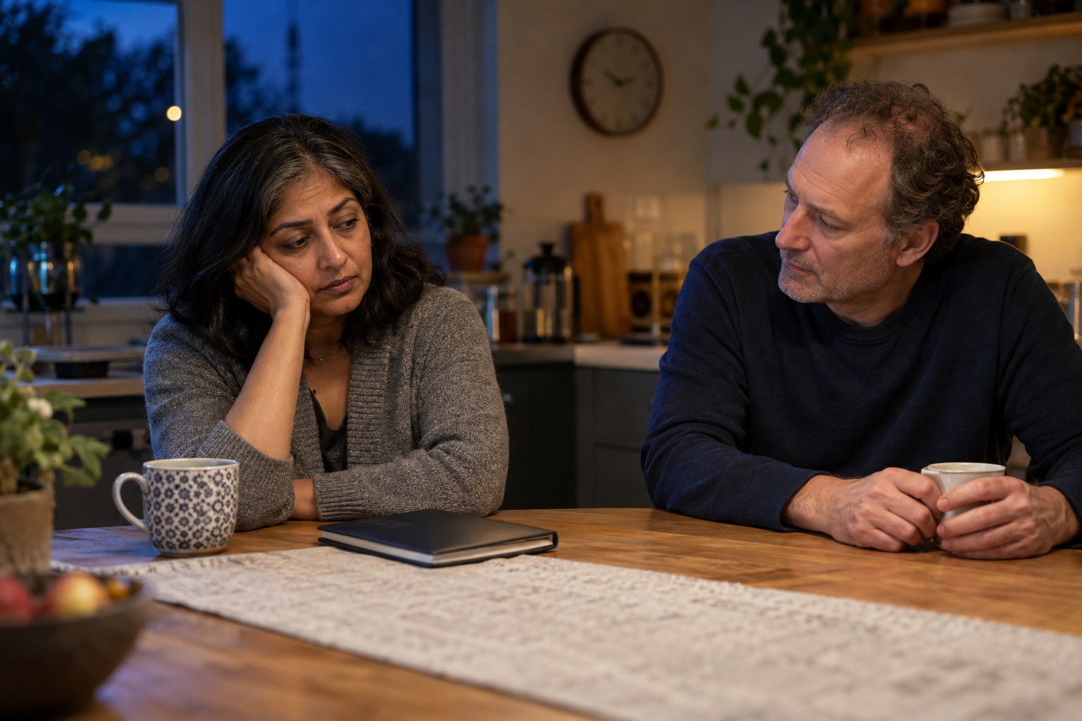 A tired couple talk at a kitchen table late at night.
