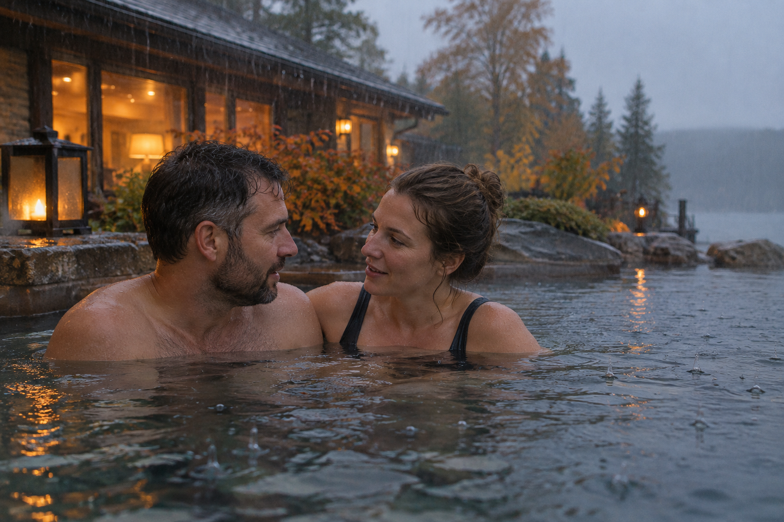 A couple talk closely in a rainy outdoor spa pool, with warm windows glowing behind them.